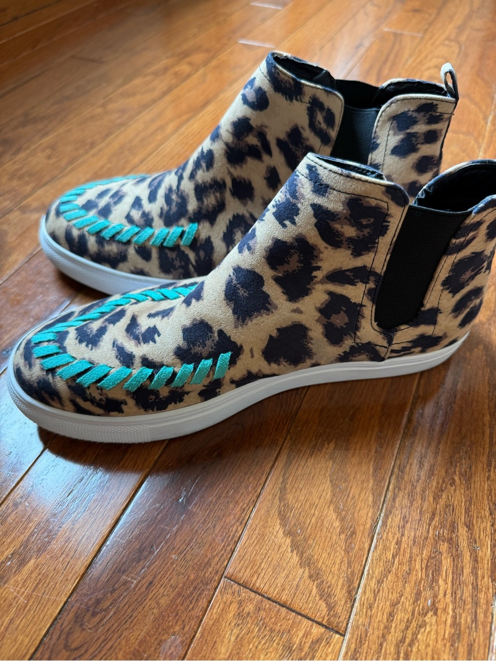 Crazy Train Leopard Print Ankle Sneakers with Teal Accents